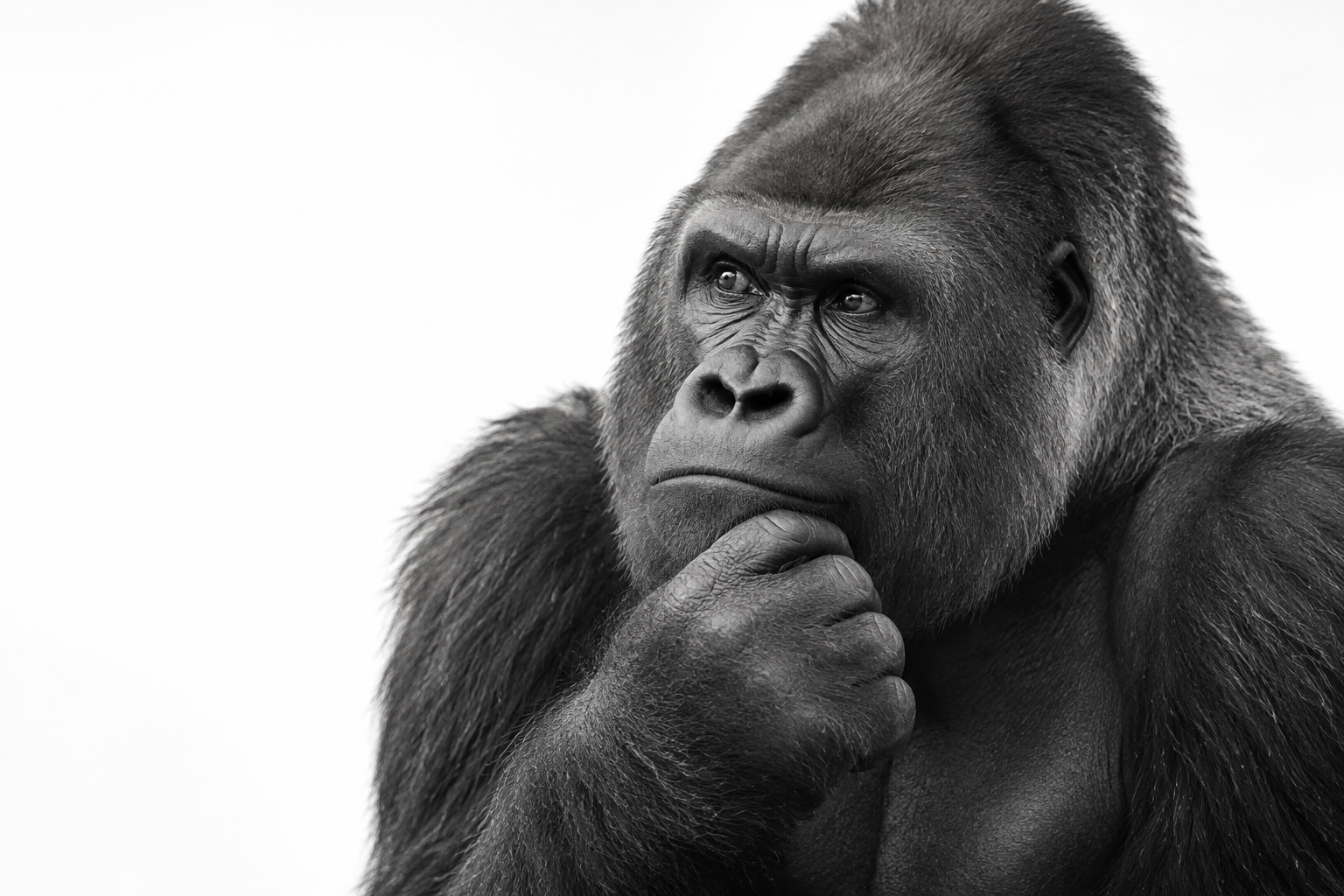 Gorilla in bianco e nero, assorto nei pensieri con la mano sotto il mento
